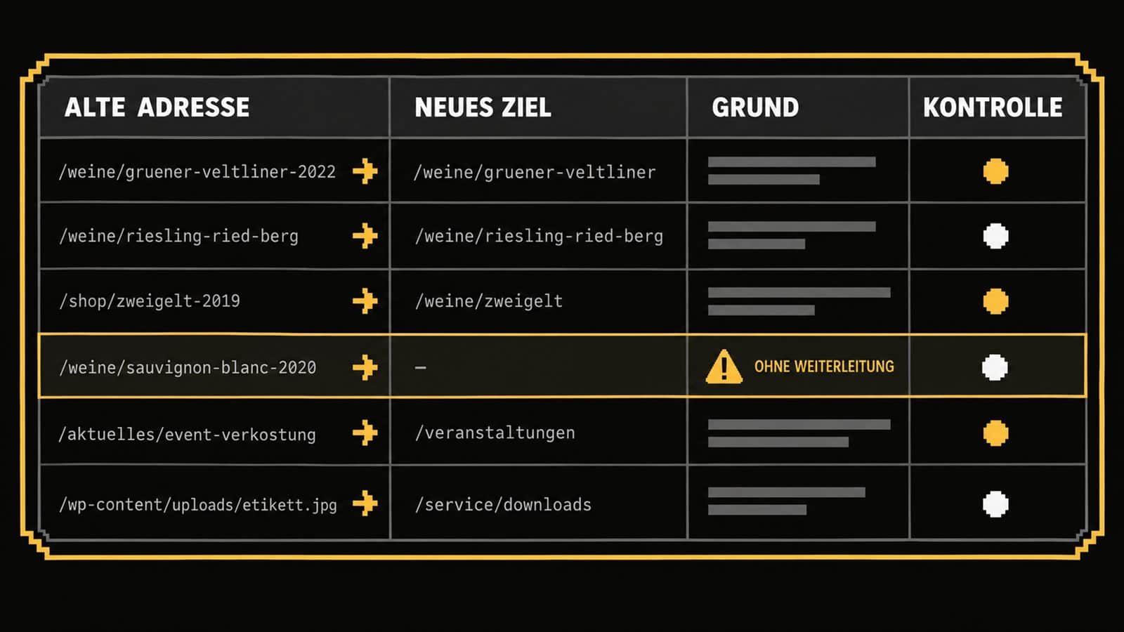 Tabellengrafik mit alter Adresse, neuem Ziel, Begruendung und Kontrollstatus fuer jede Weinseite eines Weinguts