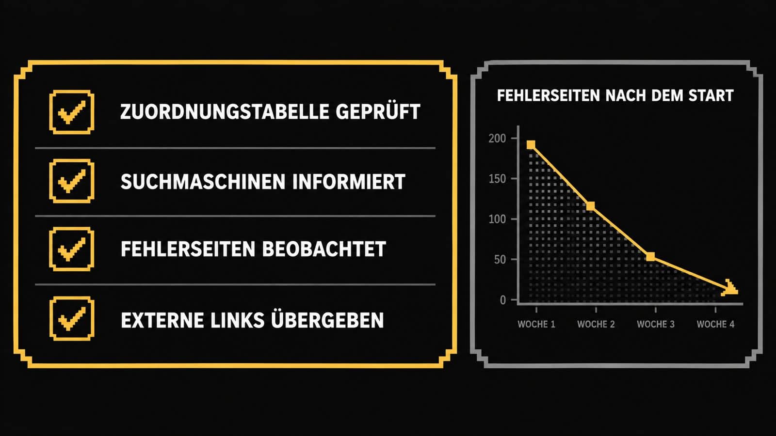 Checkliste zur Kontrolle nach dem Start mit geprueften Weiterleitungen und Verlauf der Fehlerseiten als Kurve