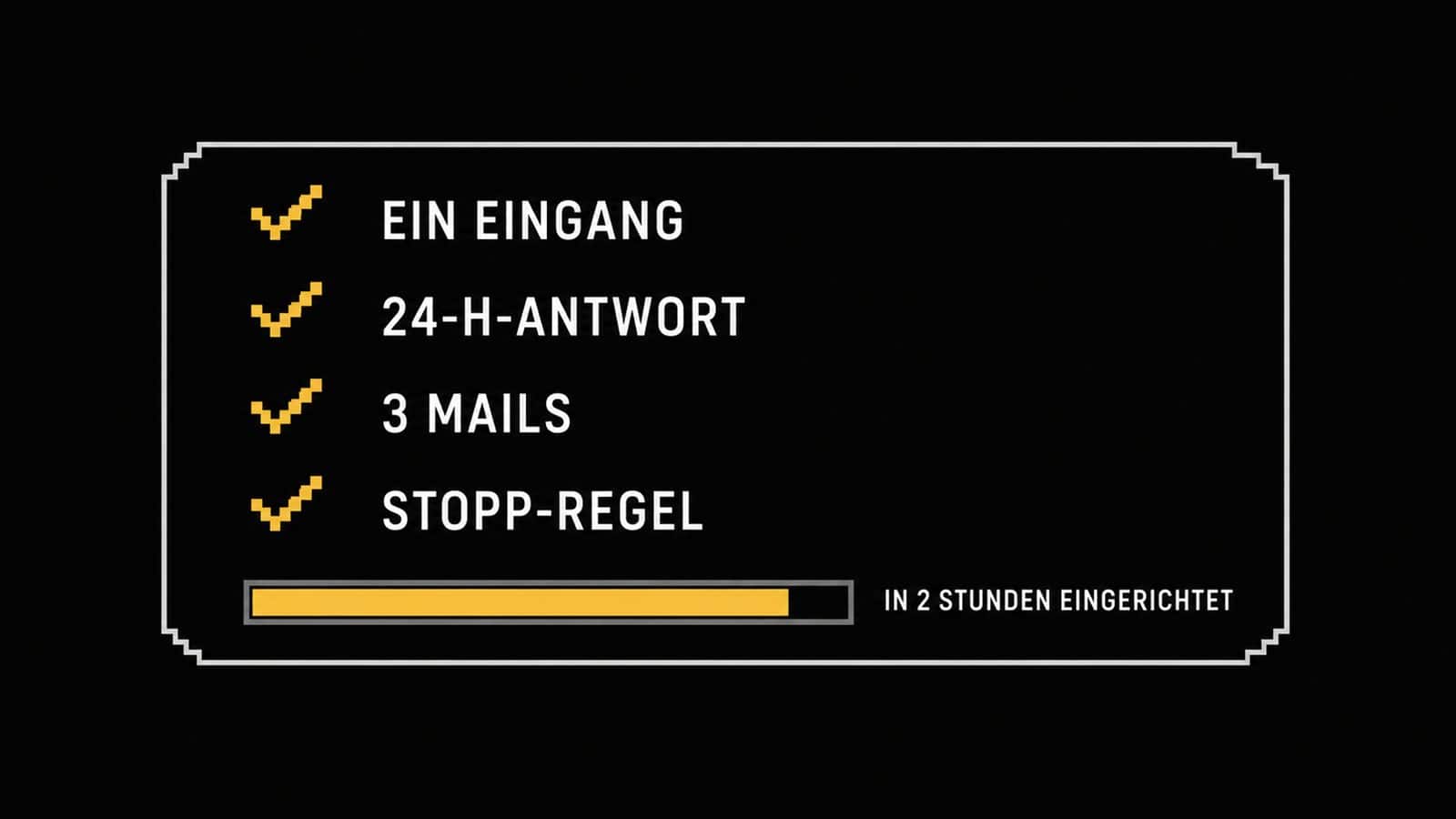 Checkliste für ein System zum Anfragen nachfassen mit den Labels EIN EINGANG, 24-H-ANTWORT, 3 MAILS, STOPP-REGEL