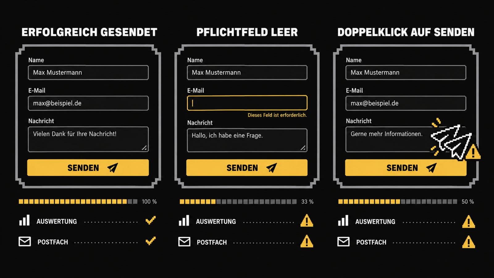 Drei stilisierte Testfälle eines Kontaktformulars: erfolgreich, Fehlermeldung und doppelter Versand