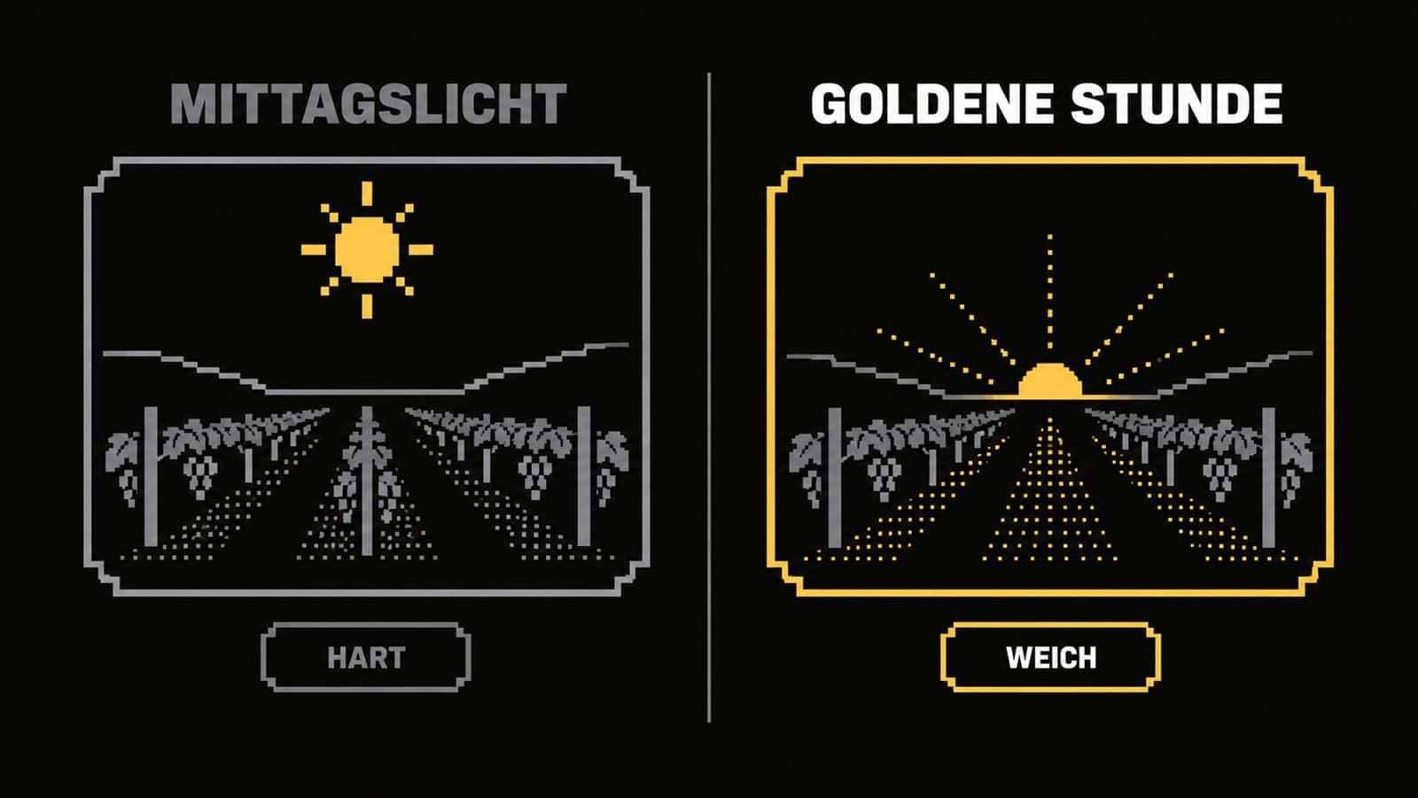 Vergleich der Lichtsituation im Weingarten: Mittagslicht gegen goldene Stunde