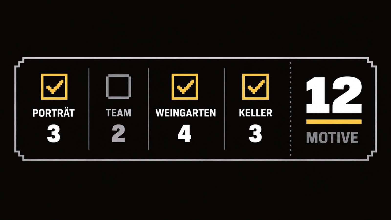 Bildliste fürs Weingut mit den Kategorien Porträt, Team, Weingarten und Keller