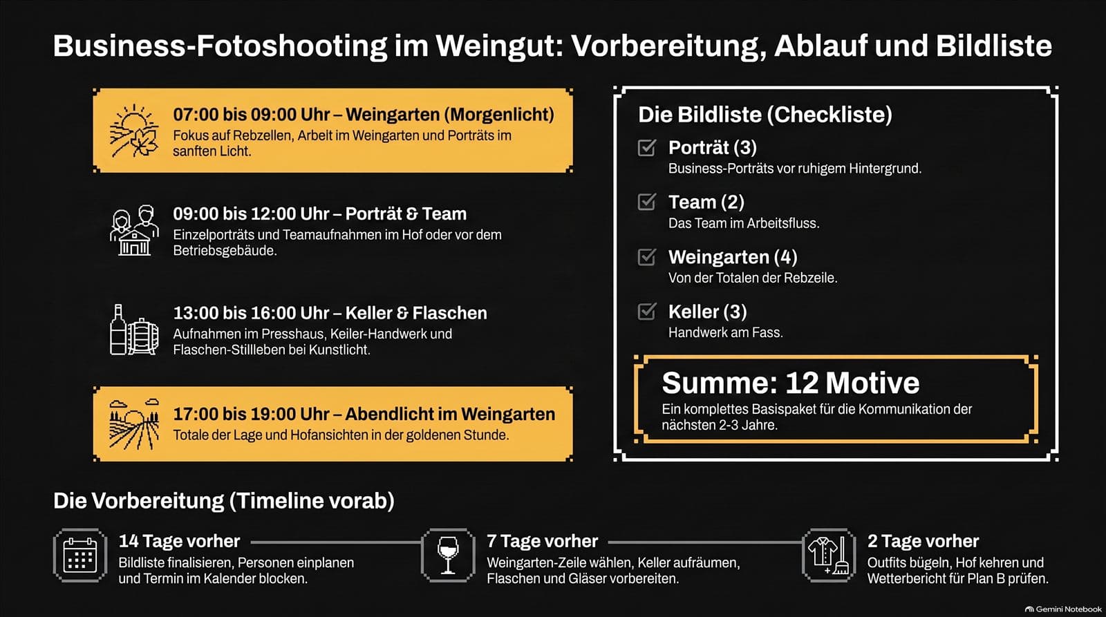 Business Fotoshooting Weingut: 12 Bilder, 0 teure Fehler — Infografik