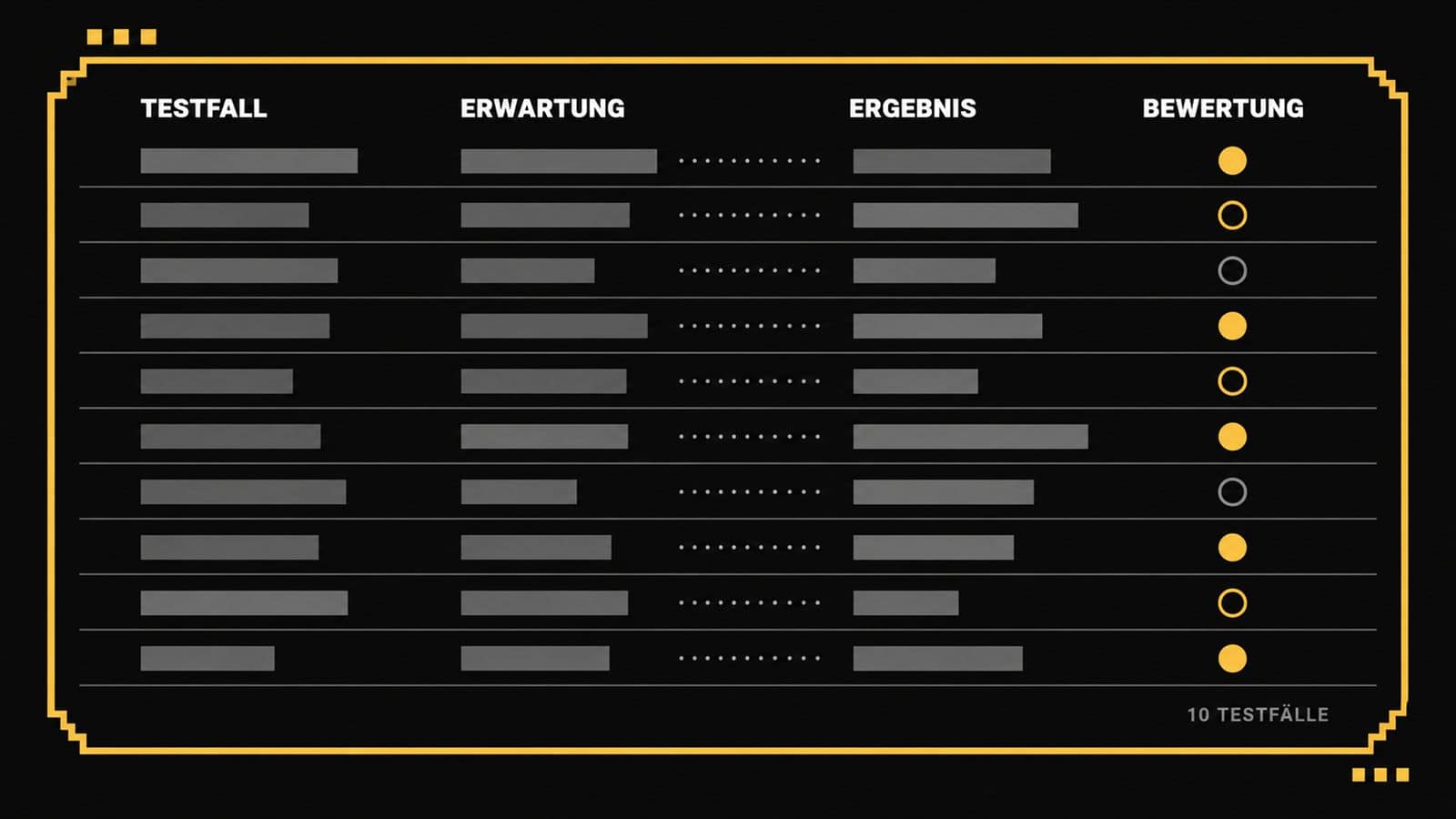 Testplan als Grafik: zehn Testfälle mit Erwartung, Ergebnis und Bewertung für KI testen im Weingut