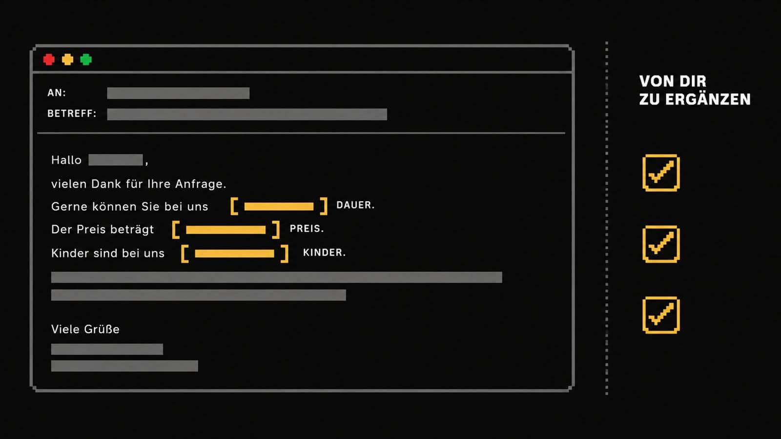 UI-Mockup eines KI-Antwortentwurfs mit hervorgehobenen Platzhaltern für Preis und Dauer