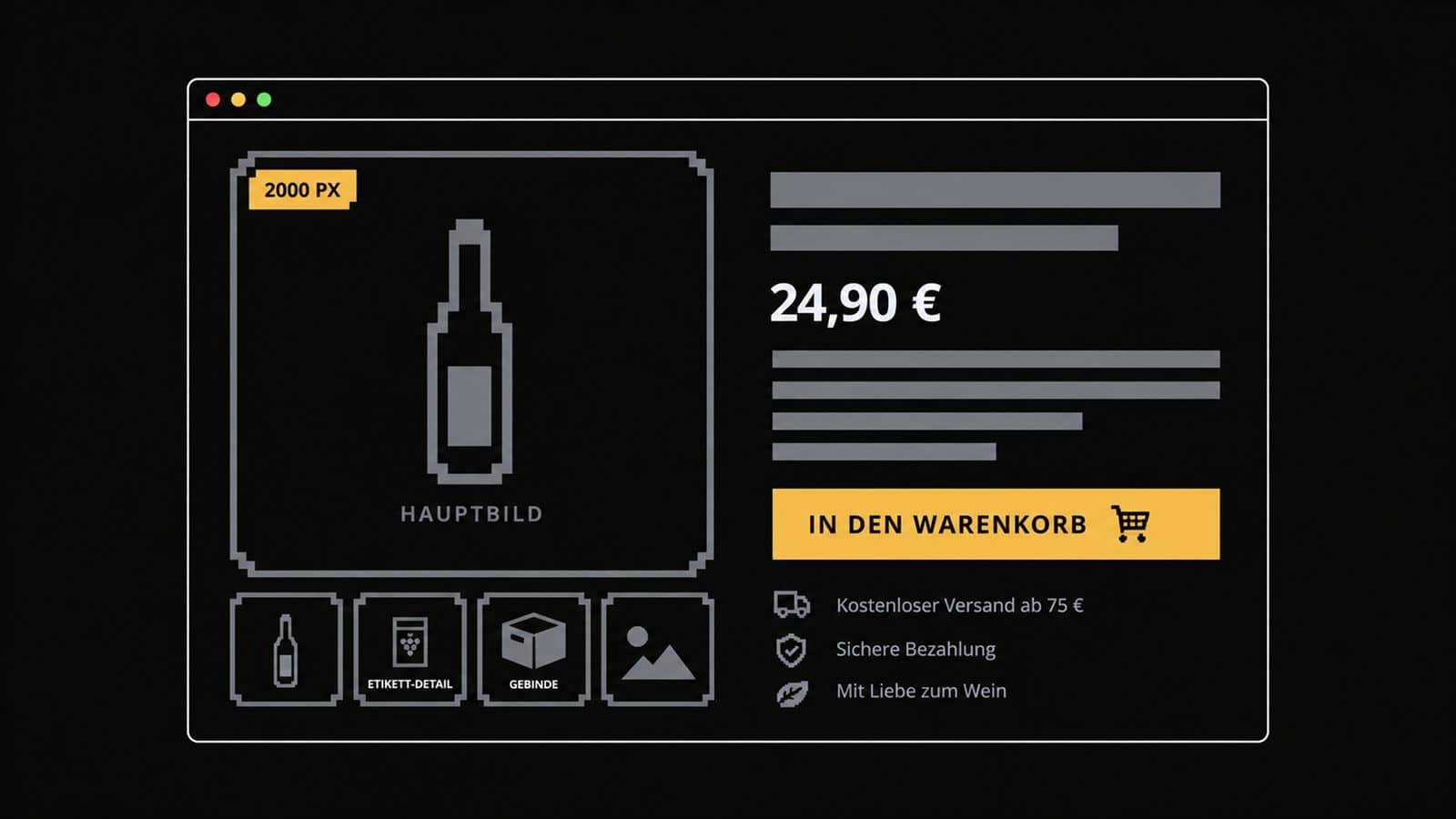 Wireframe einer Weinshop-Produktseite mit den Labels HAUPTBILD, ETIKETT-DETAIL, GEBINDE, 2000 PX