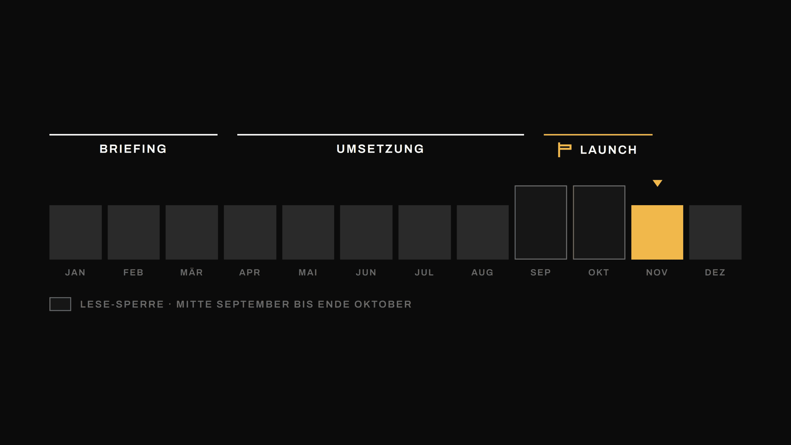 Zeitplan für Website erstellen lassen Österreich mit den Labels BRIEFING, UMSETZUNG, LESE-SPERRE, LAUNCH